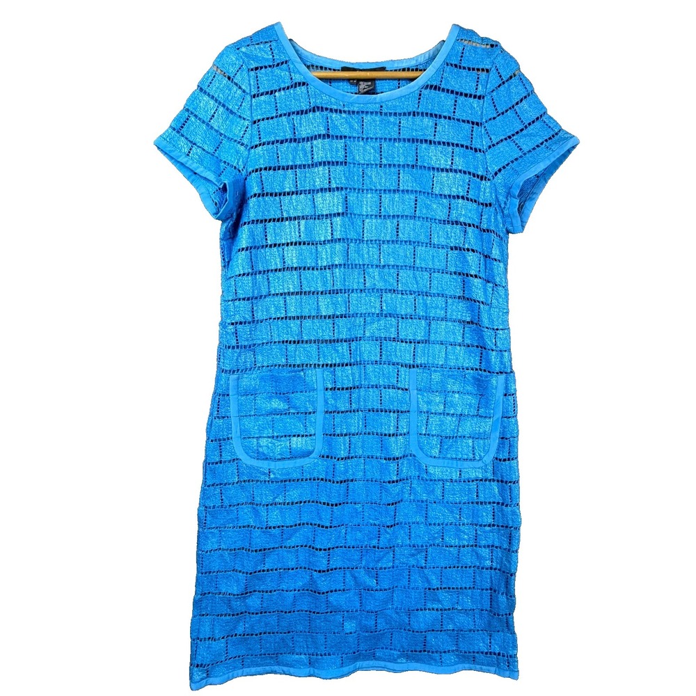 Per Se Shift Dress Womens 10 Blue Open Knit Textured Beachy Summer 80s Funky